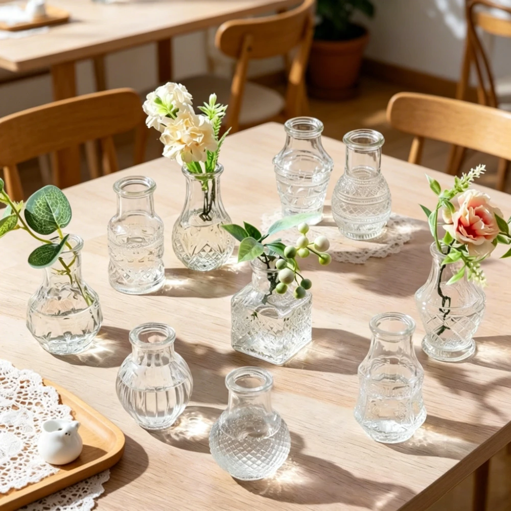 10/20set Retro Relief Mini Glass Vase French Clear Tabletop Plant Pot Home Decor Table Centerpiece Wedding DIY Craft Gift Idea
