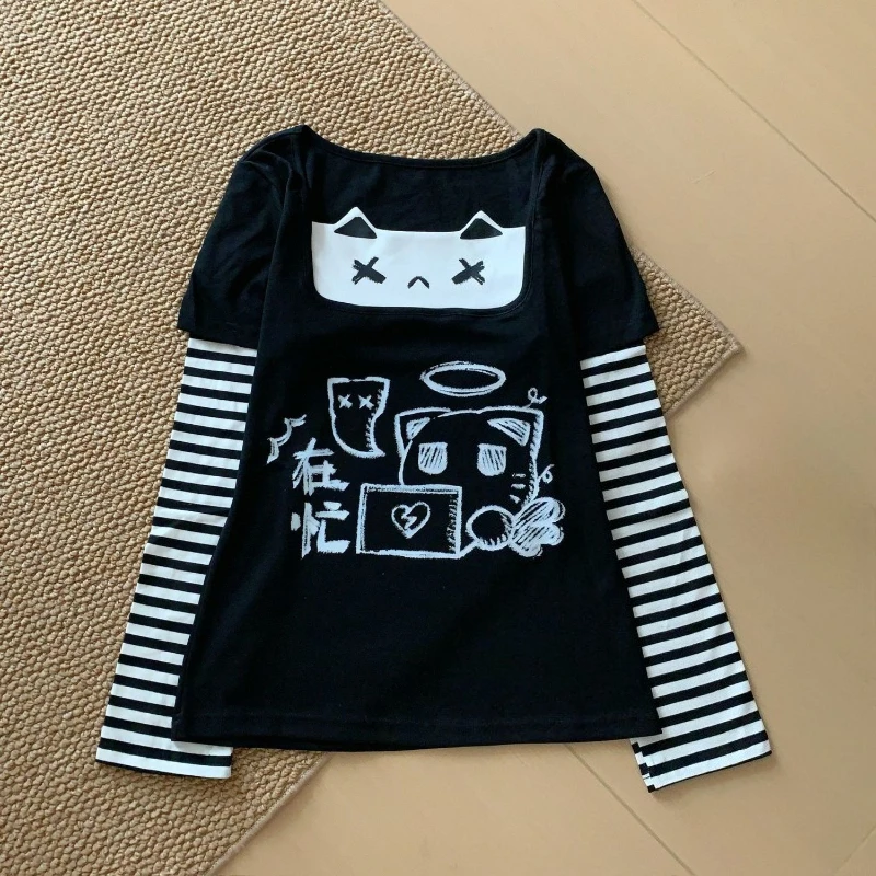 Y2k Aesthetics False Two Piece T-shirts Women Japanese Harajuku Grunge Graffiti Stripe Patchwork Tops E-girl Cute Graphic Tees