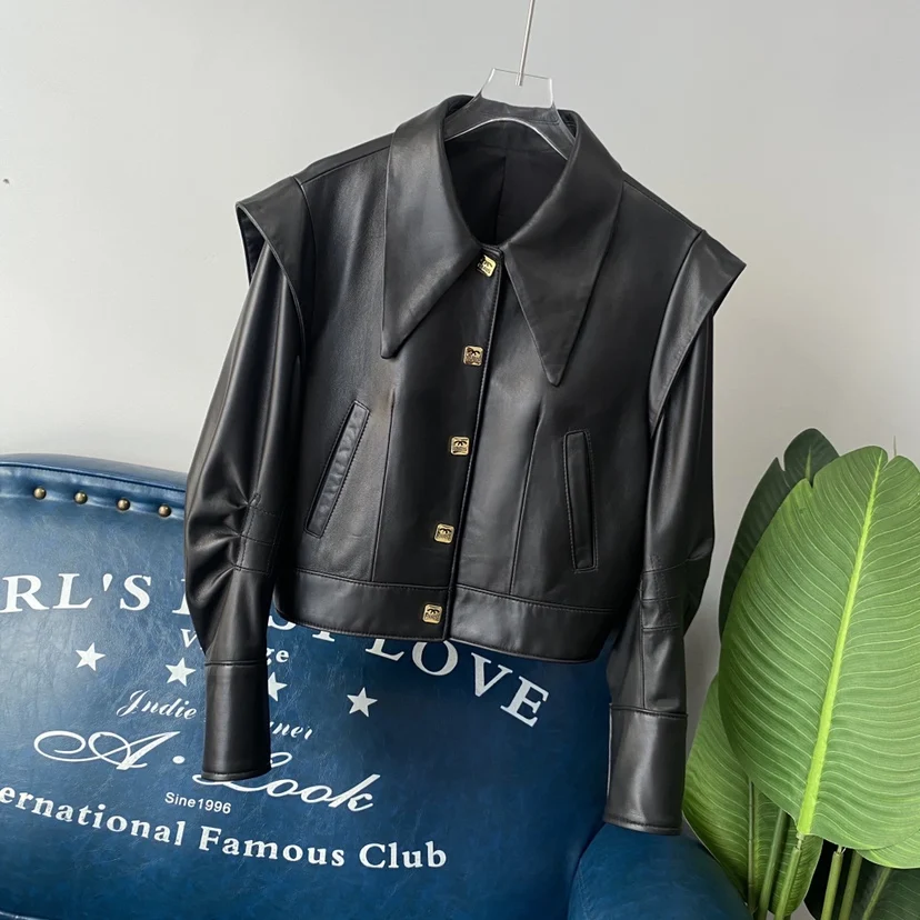 2025 novo casaco feminino faionable ort couro jaet legal sle eepskin couro real cintura-empitação tamanho ature