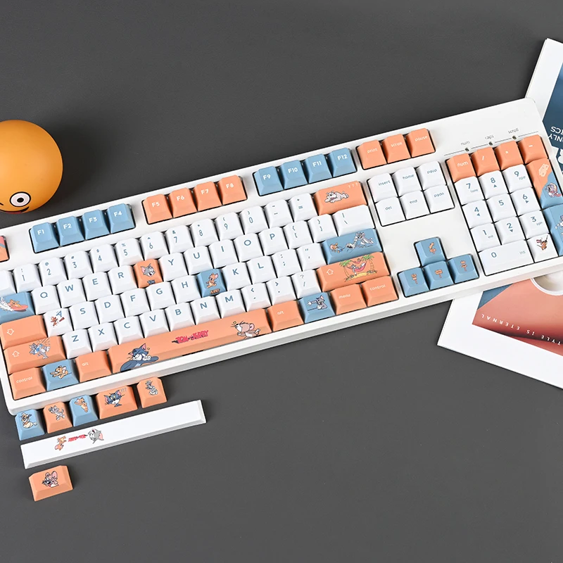 

130keys cat and mouse orange and white cartoon PBT sublimation keycap Cherry Profile for mechanical keyboard 61/68/84/87/104/108