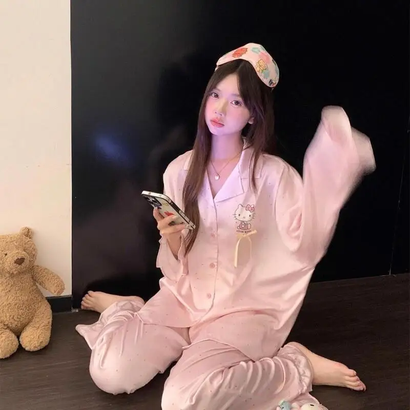 

Женская одежда для сна Hello Kitty, весенне-осенний комплект из ледяного шелка с длинными рукавами, милый комплект для дома в горошек для девочек, комплекты Sanrio