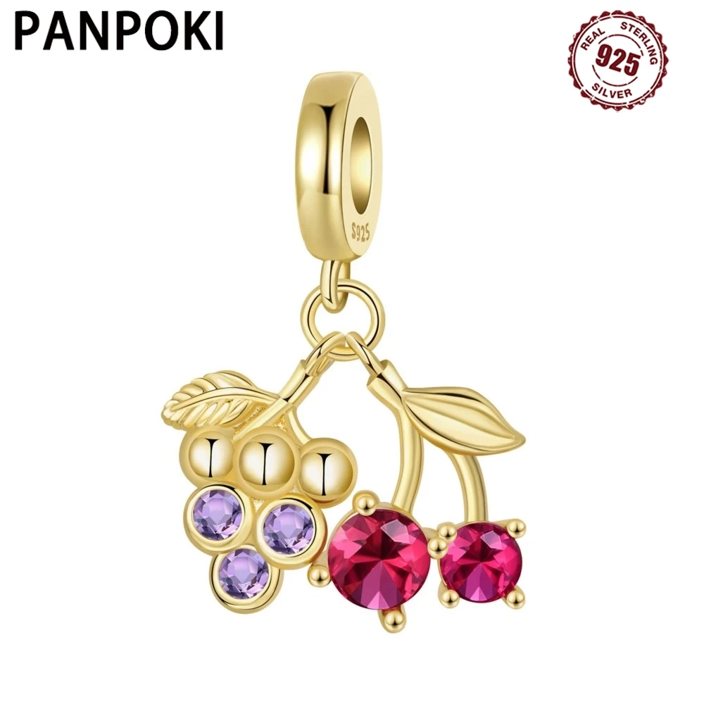 

PANPOKI 925 Sterling Silver Grape Cherry Fruit Original Pendants Bracelet Charms Jewelry Party Beads DIY Trendy Gifts Accessory