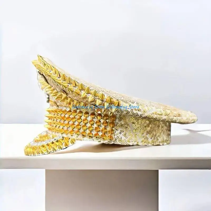 573B قبعات فاخرة مزينة بالترتر على شكل أسد ذهبي مع أحجار الراين وبرشام مرصعة لعشاق الحفلات العصرية ومهرجان الموسيقى #5