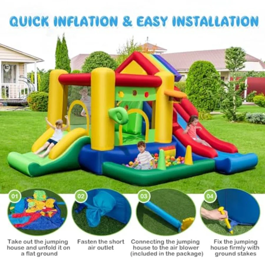 5-in-1 Inflatable Rainbow Castle, Inflatable Bounce House w/ 680W Blower, Ocean Balls, Bouncer Stakes & Repair Kit, Indoor Outd