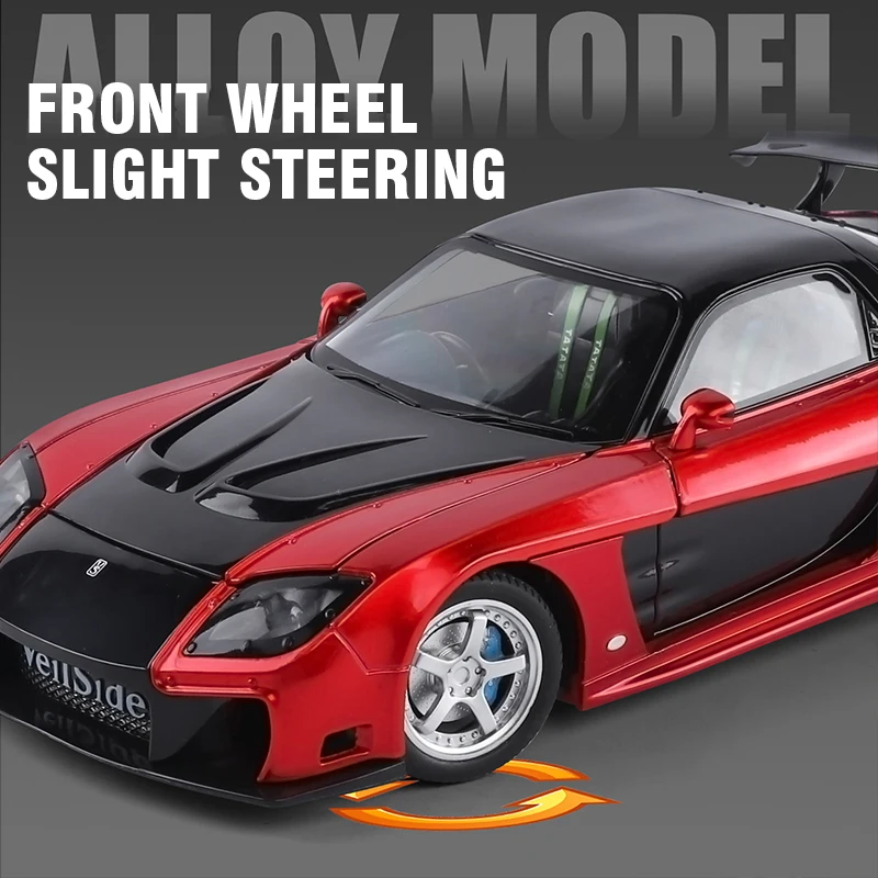 1:24 Scale JDM RX7 Pull Back Car Model with Light Sound Door Opening Function Simulation Alloy Vehicle Collectible Toy for Boys