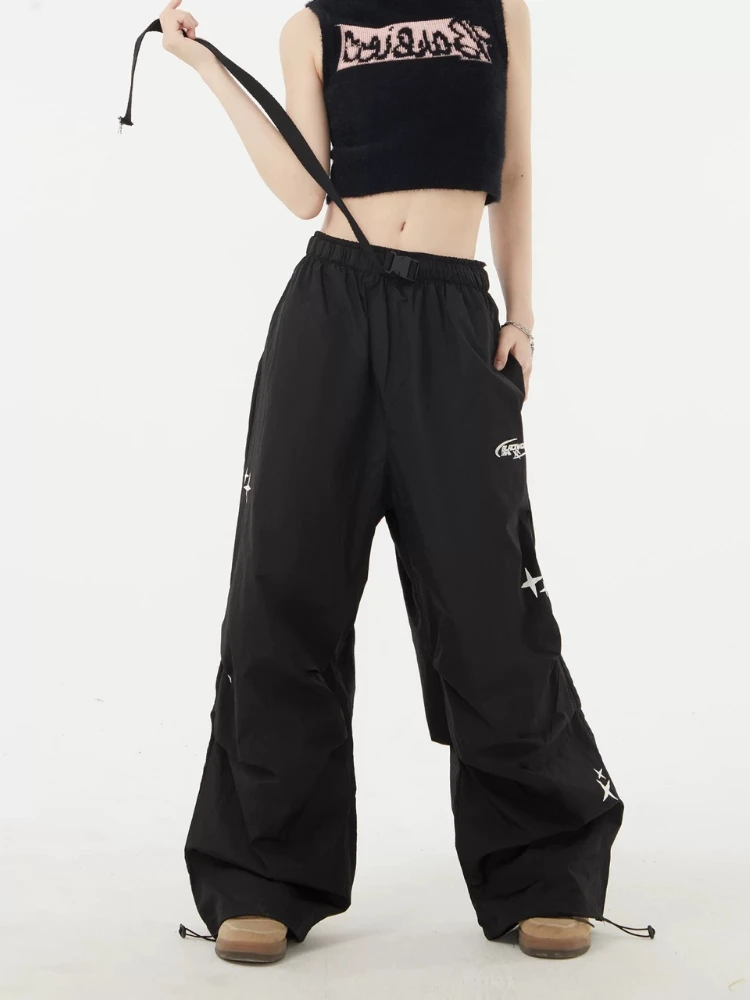 Deeptown Parachute Pants Women Black Vintage Harajuku Oversized Wide Leg Joggers Hippie Street Baggy Sweatpants Casual Trousers