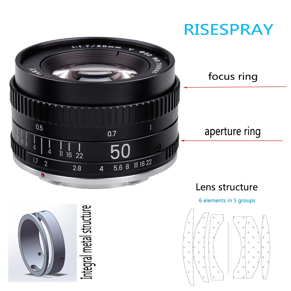 Metal RISESPRAY 50MM F1.7 Generation V Large Aperture  Manual Focus Prime Full Frame Camera Lens For CANON  EOS EF NIKON AI F