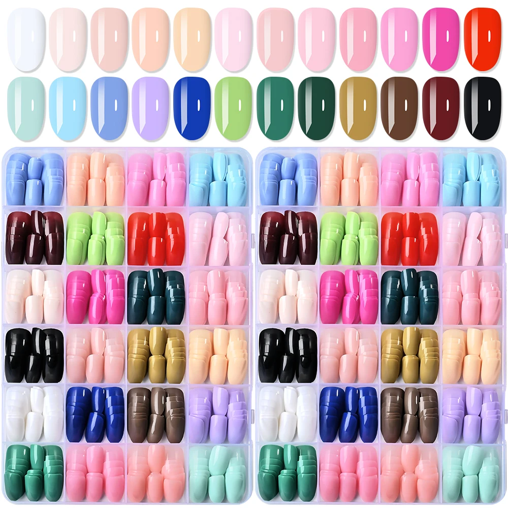 288Pcs/box Short Oval Press On Nails 24Colors Glossy Acrylic Simple Fake Nails Tip Full Coverage Wearable Nail Art Kit for Women