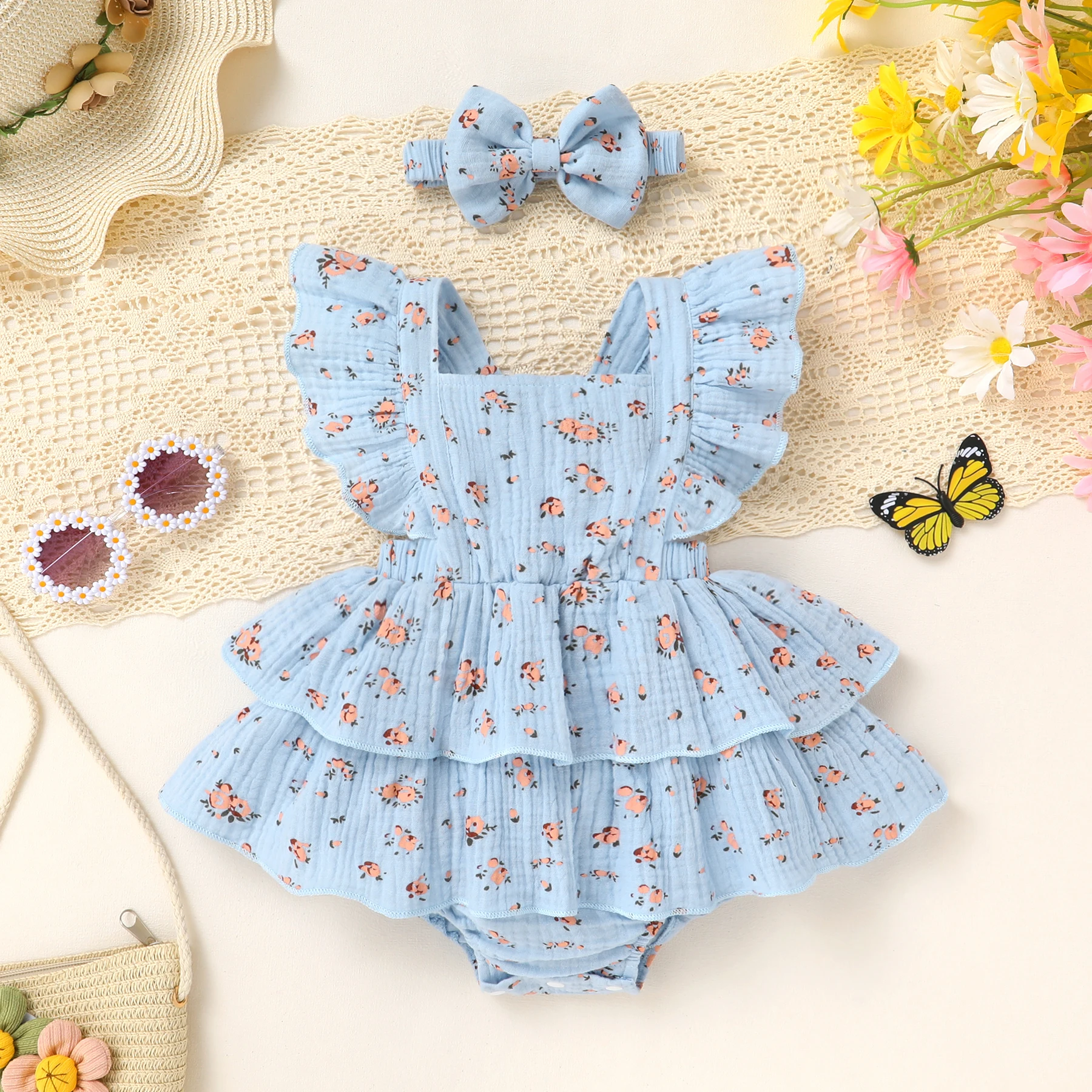 2pcs Baby Girls Summer Cute Floral Print Sleeveless Double Layer Ruffle Bodysuit with Bow Headband