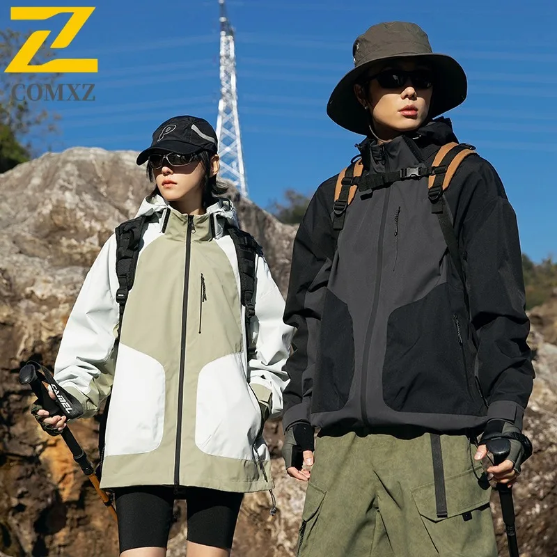 

COMXZ Neutral Jacket 2025 Hooded Splicing Outdoor Camping Windproof Jackets Casual Hiking Lightweight Autumn Windbreaker