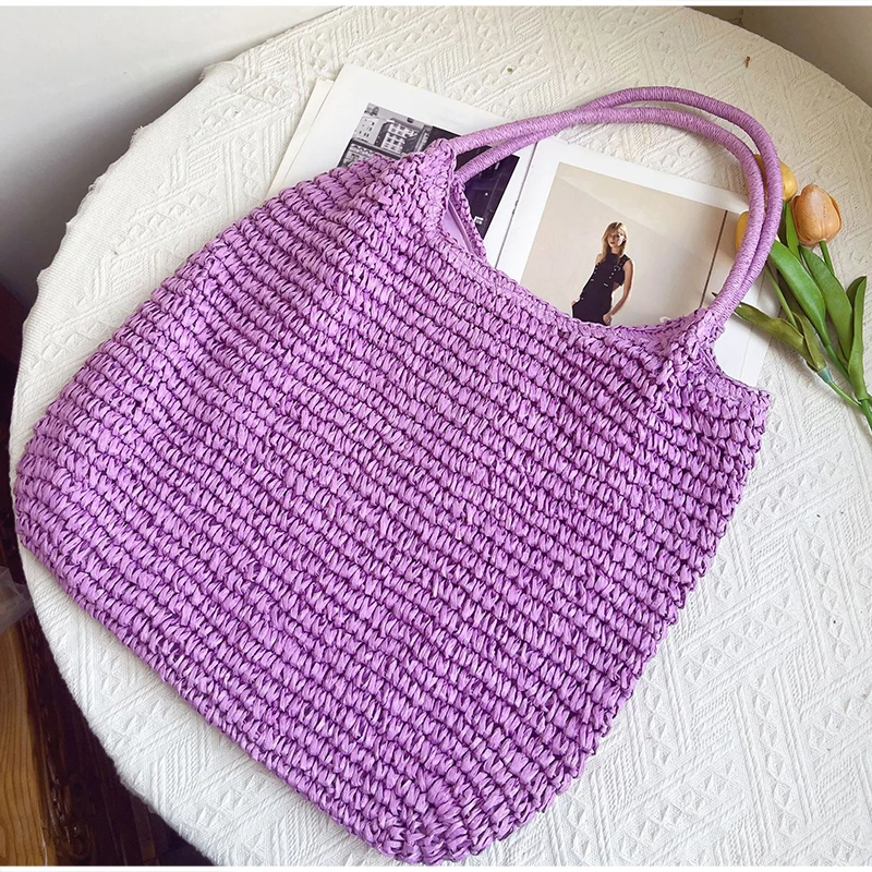 Vintage Einfarbige Gewebte Schultertasche, Minimalistische Casual Pendler-Handtasche für Frauen, Sommer Strand Handgefertigte Leichte Tasche – Detail 13