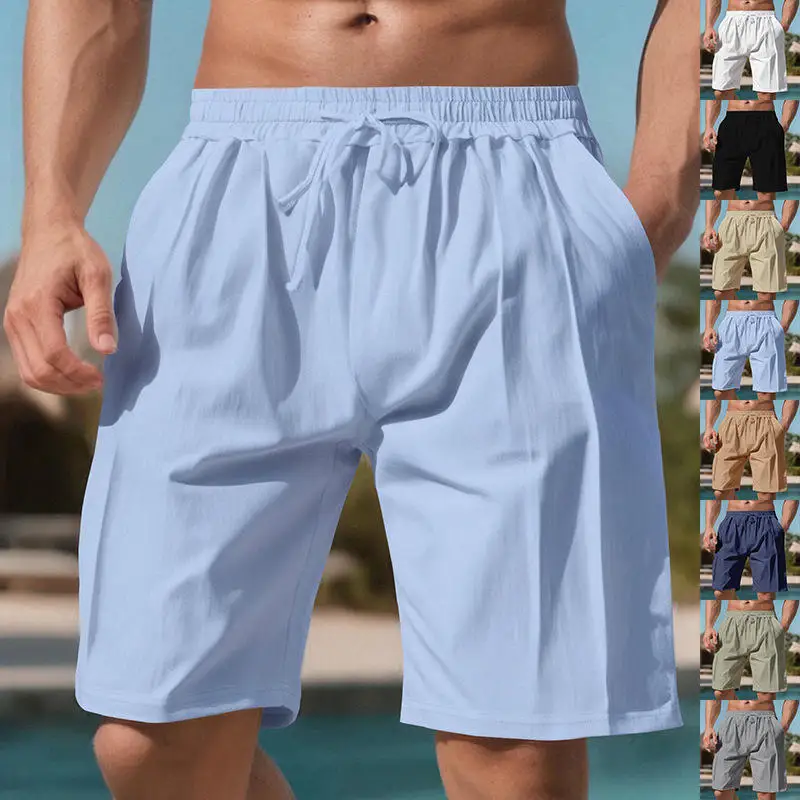 

Summer Men's Thin Linen Breathable Color Beach Sports Casual Loose Five-Quarter Shorts Lightweight Quick Dry Comfortable