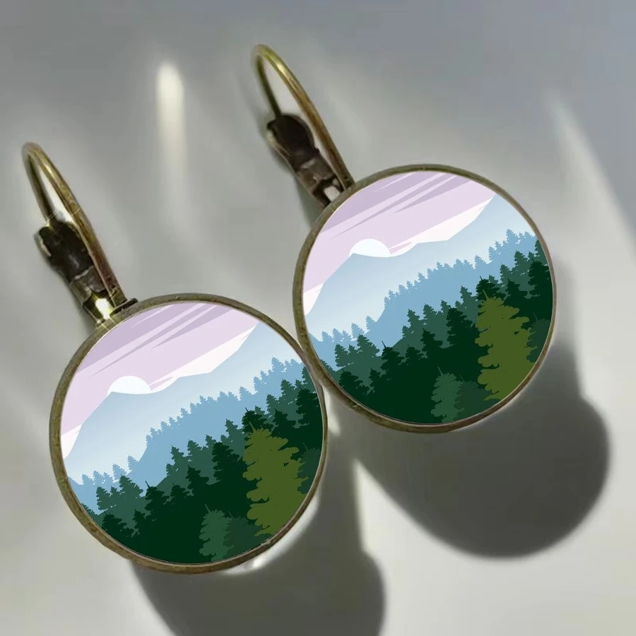 2024 New Mountain River Sunset Earrings Lake Forest Scenery Women\'s Glass Earrings Love for Nature Girl Earrings Gift