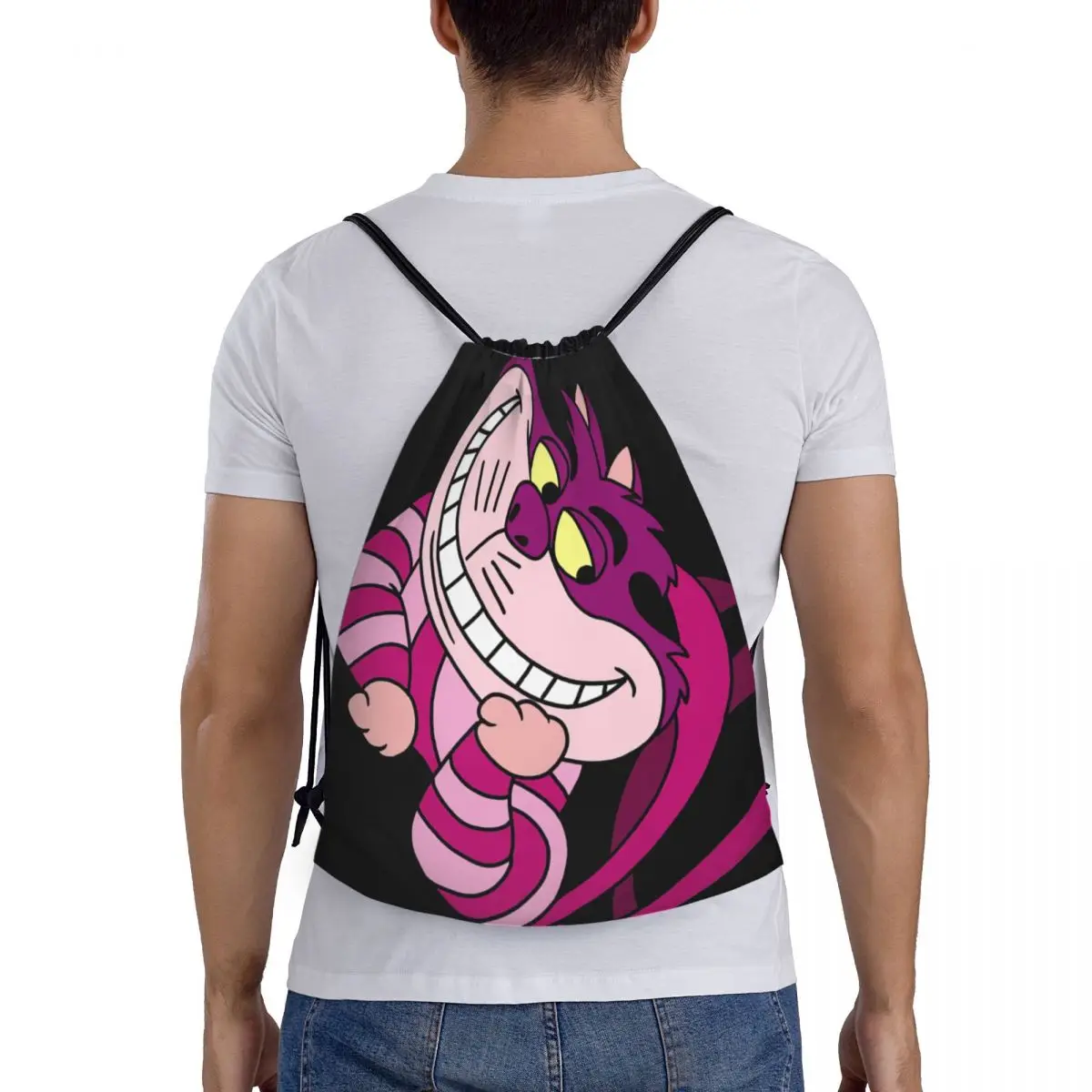 Custom Alice In Wonderland Cheshire Cat Drawstring Backpack Women Men Sport Gym Sackpack Portable Cartoon Shopping Bag Sack