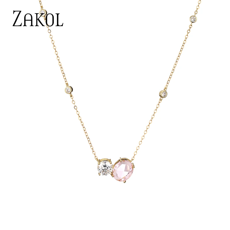 ZAKOL New Fashion Pink Oval Cubic Zirconia Pendant Necklaces for Women Geometric Gold Color Choker Girls Party Jewelry