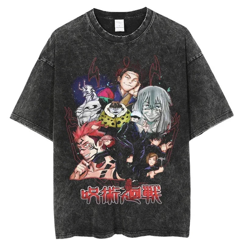 

2025 Casual Vintage Washed T-shirt Anime Jujutsu Kaisen Oversized Hip Hop Harajuku Mens Tees Streetwear Unisex Tops