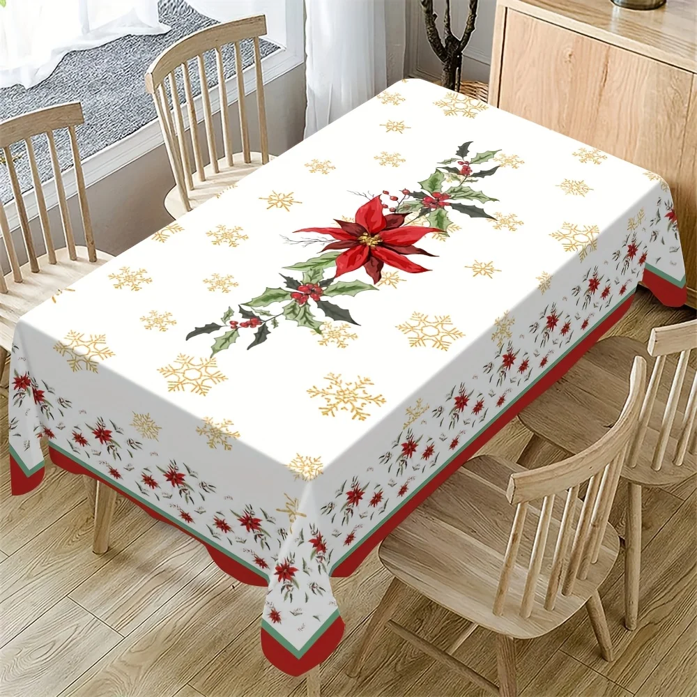 

Рождественская пуансеттия Холли Снежинка Водонепроницаемая скатерть Настольный декор Зимняя кухонная обеденная скатерть Рождественские украшения