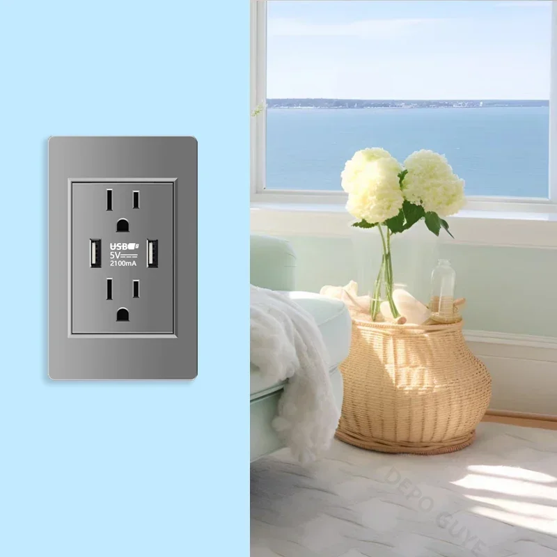 American Standard Grey PC Usb Type-c Power Outlet,Home Wall 2way Electrical Light Switch Panel,US Mexico Double USB Socket Plug image 6