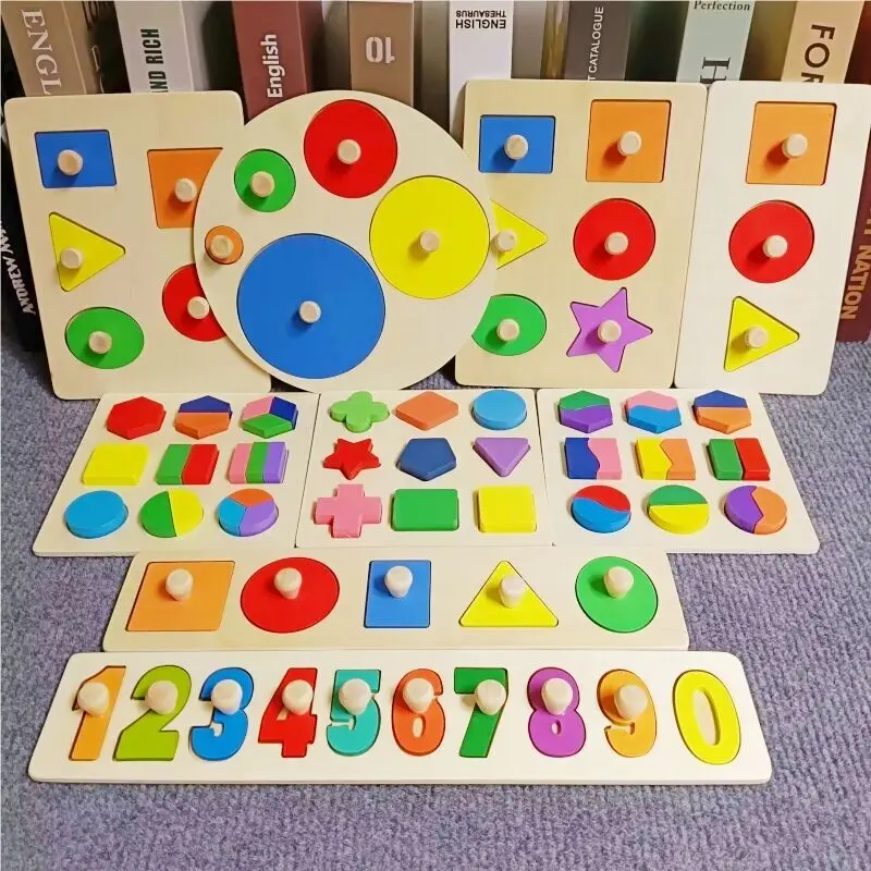 Montessori Puzzle Toys Wooden Geometric Shapes Sorting Math Colorful Preschool Learning Educational Game Baby Toddler Toys