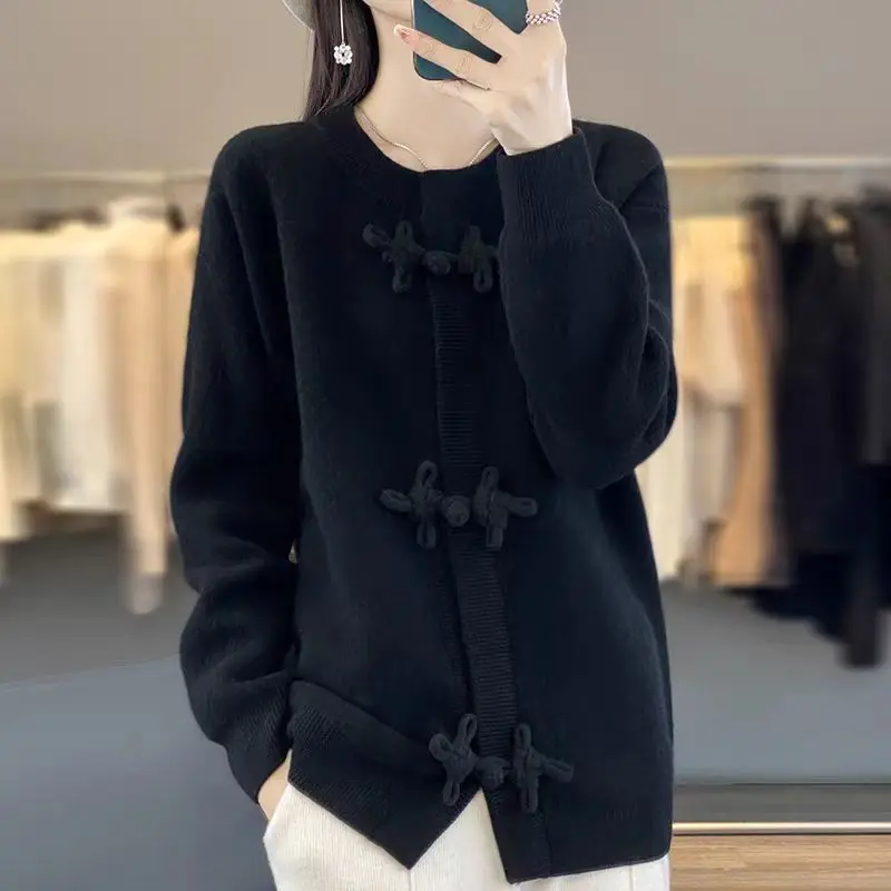 2024 Cashmere Cardigan Women's Round Neck Chinese Style Buckle Knitted Wool Long Sleeved Outer Layer With Thick Loose Sweater