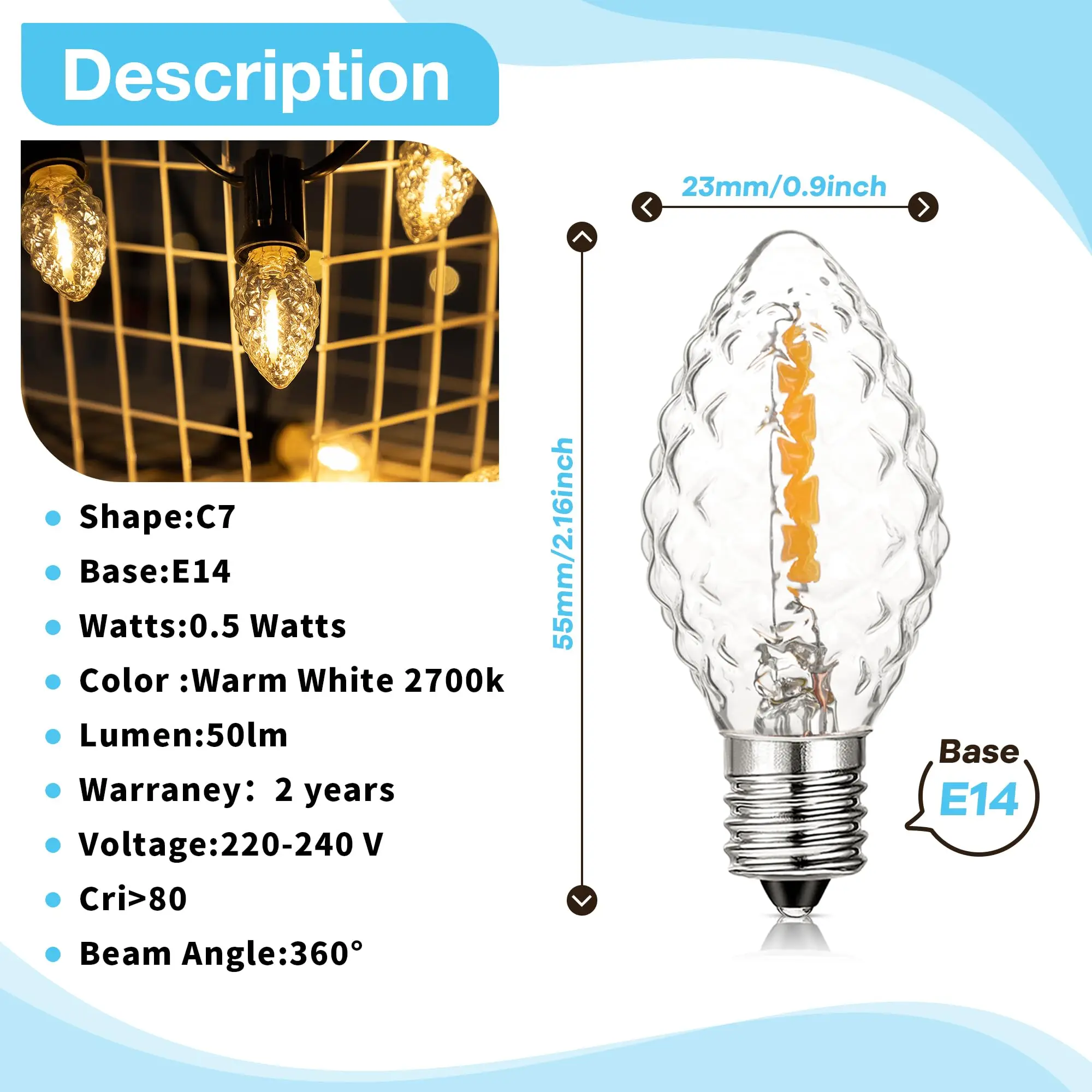 Candle C7 Led Bulb T20 T22 Tubular Mini Night Light E12 E14 Lamp Base Dimmable Edison Filament Bulb Chandelier Replacement Bulbs