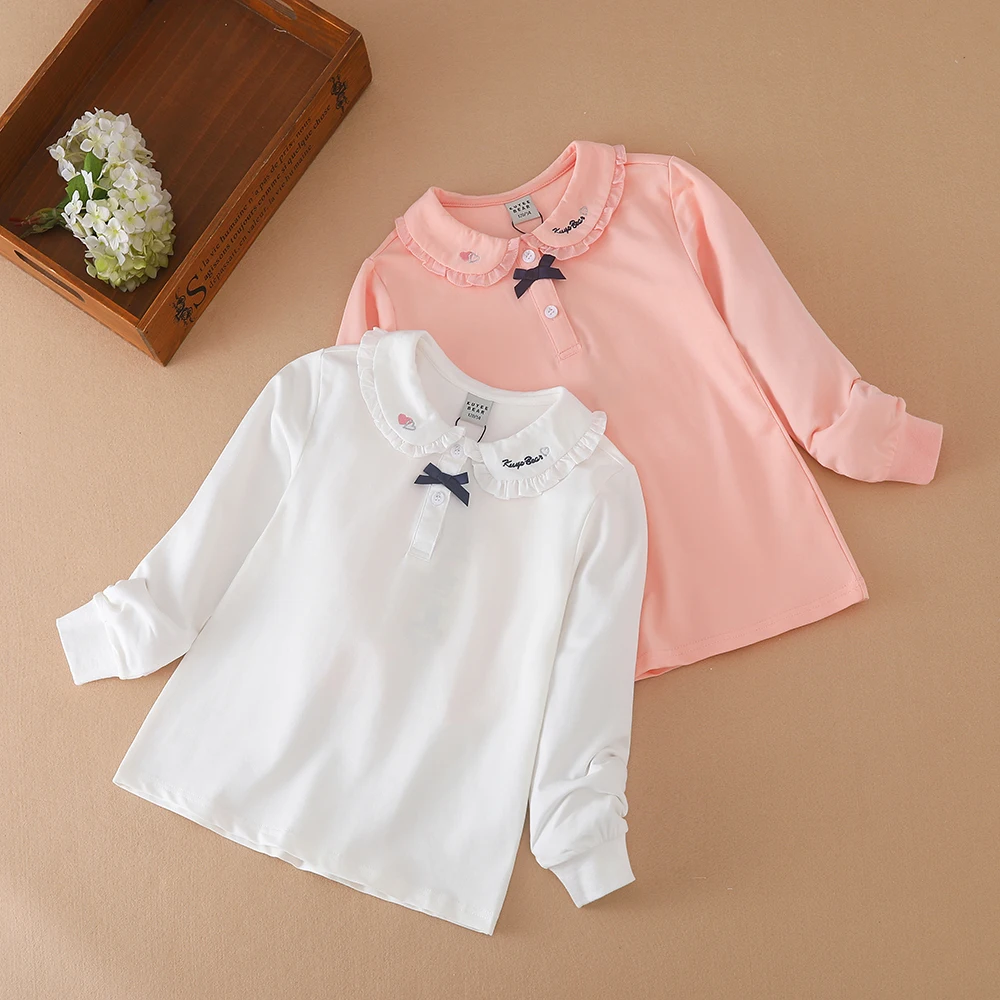 Girls Shirt School Uniform for Kids Spring Autumn Long Sleeves Polo Shirt Children Turn Down Colloar Top