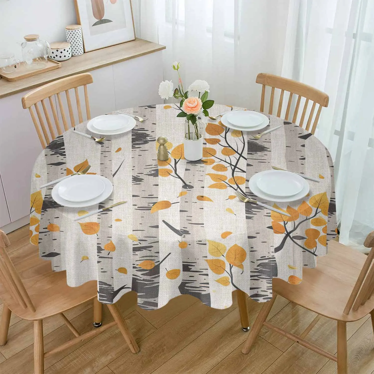 Hand Drawn Watercolor Lines On Tree Leaves Waterproof Tablecloth Tea Table Decoration Round Table Cover For Kitchen Wedding Home