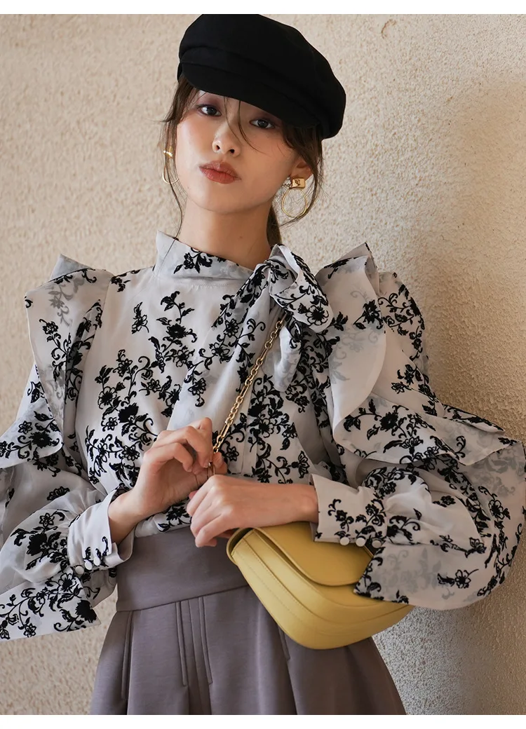 

Elegant Ladylike Floral Print Shirt Women's New Autumn Winter Flocking Blouse Long Sleeve Stand Collar Commute Style Top