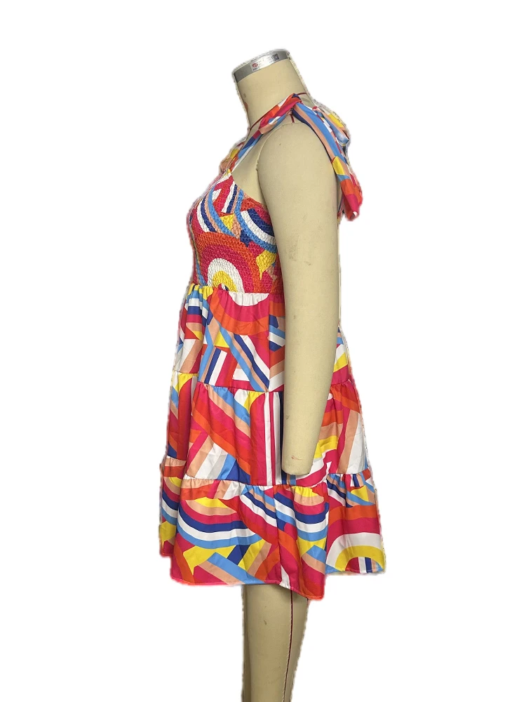 Plus Size Elastic Mini Dress Ladies Elegant Print Dress Spring Summer Ladies Neck Sleeveless Dresses Wholesale Dropshipping