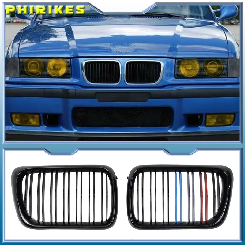 

2x Double Line Style Car Front Racing Kindey Grilles For BMW E36 LCI 1997-1999 M3 Glossy Black Dual Slats Upper Grilles