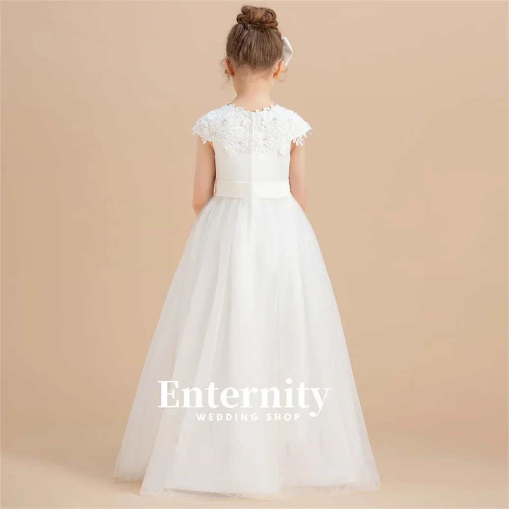 Ball-Gown Girls Dresses Beautiful Bridesmaid Kids Short Sleeve Satin Tulle Beading Scoop Neck Princess Boho Wedding Dresses