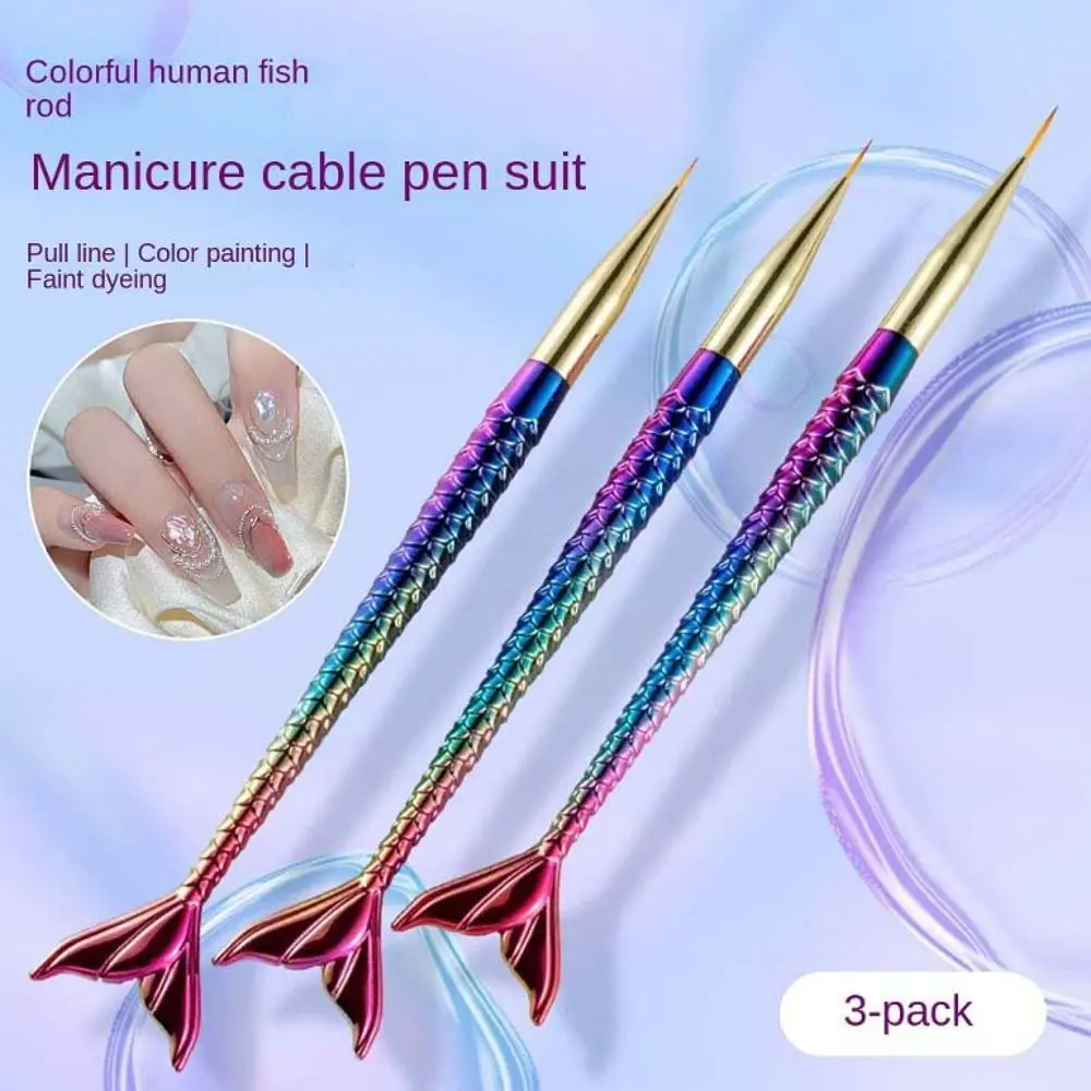 3Pcs/set Mermaid Tail Shape Mermaid Nail Painting Brush Ultra-thin Line Flower Line Grid Mermaid Nail Art Liner Pen 7/9/11mm