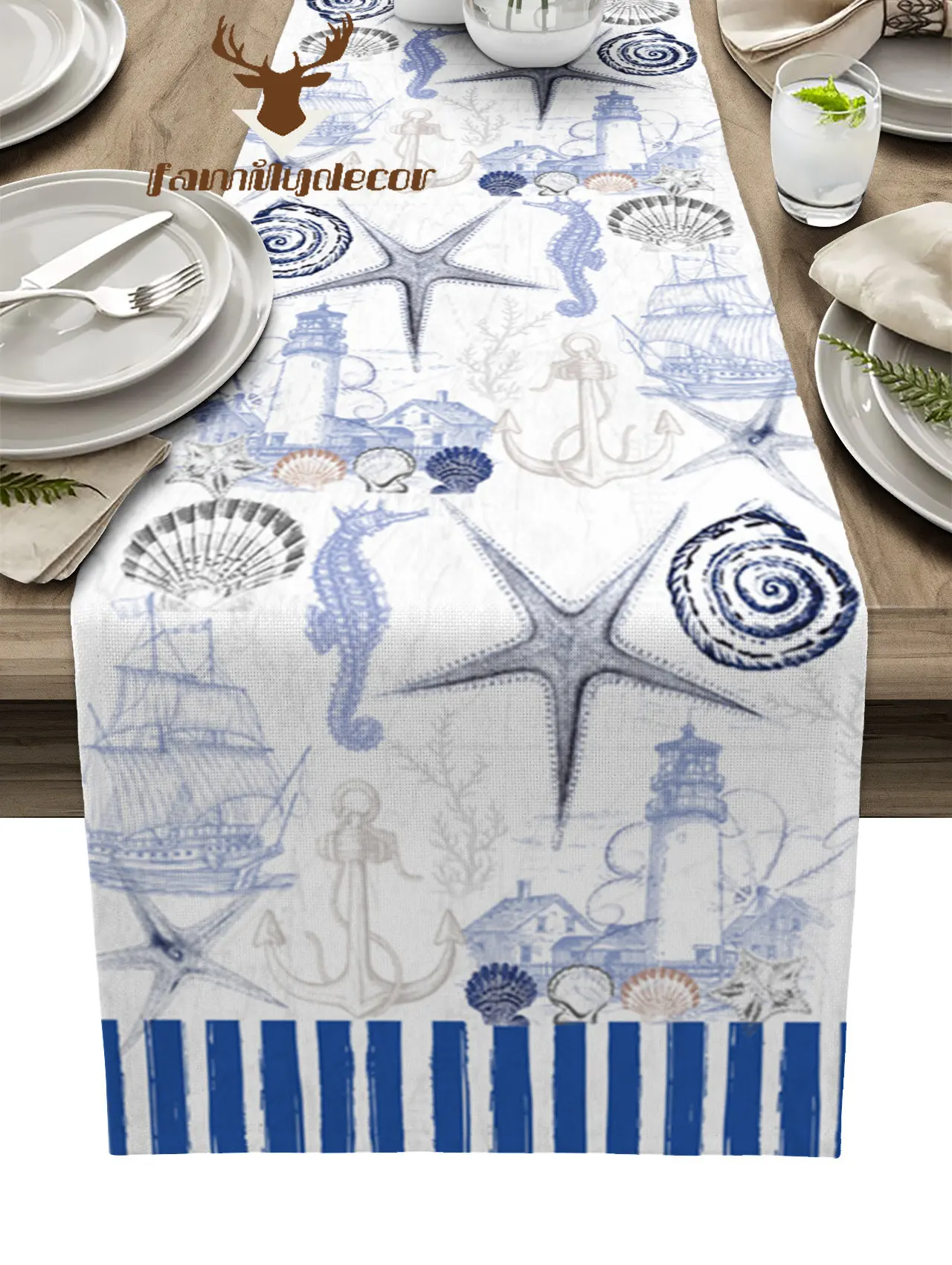 

Marine Stripes Ocean Shells Starfish Lighthouse Anchor Table Runner Home Wedding Table Mat Centerpieces Decor Dining Tablecloth