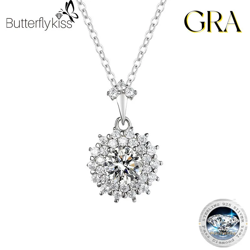 

Butterflykiss Certified Moissanite Pendant For Women Wedding Sparkling Sunflower Necklace S925 Sterling Silver Plated White Gold