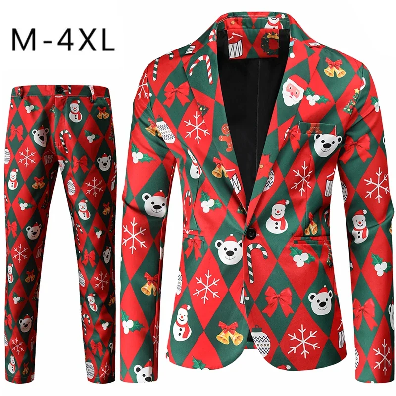 Christmas 2 Piece Set Funny Xmas Cartoon Print Men Suit Jacket and Trousers Fashion New Year Party Dress Up Wear Large Size 4XL