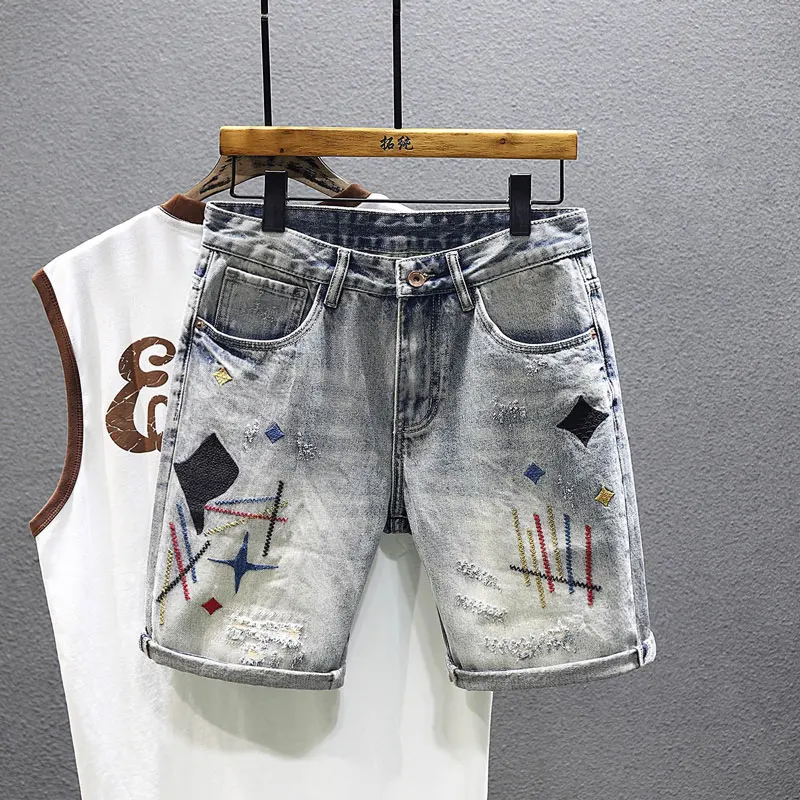 

Street Fashion Men Jeans Summer Designer Retro Blue Straight Fit Vintage Short Ripped Jeans Embroidery Hip Hop Denim Shorts Men