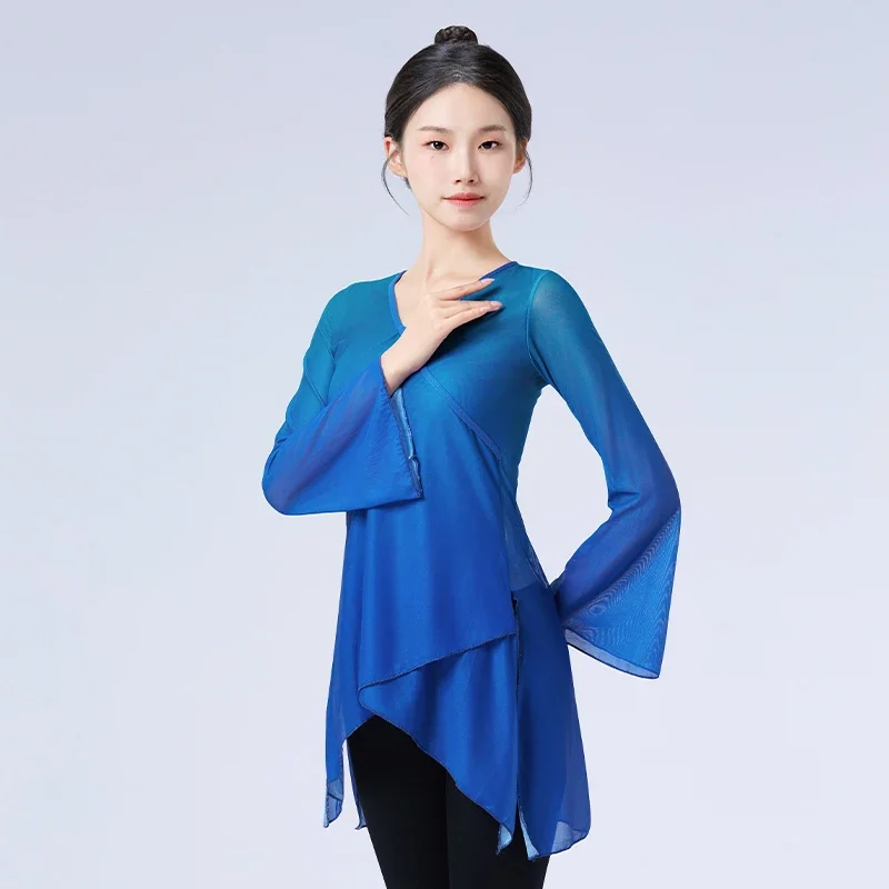 Klassisches Tanzkostüm für Damen und Kinder, Ballettkleidung, Farbverlauf, Gaze-Tops, Yoga, Sportkostüm, chinesische Volkstanz, ausgestellte Ärmel, 2021,