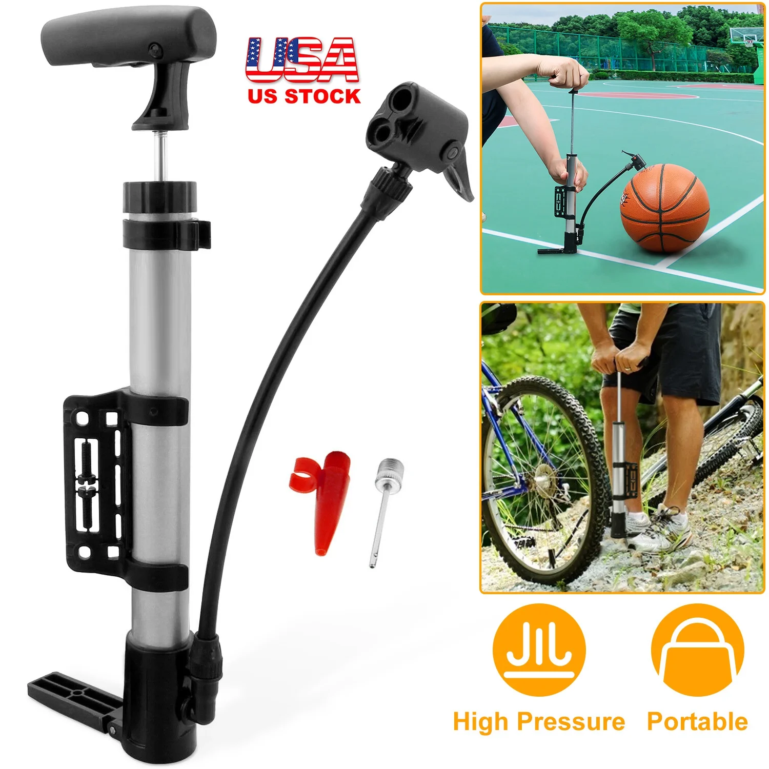 Bike Pump Frame Mount - ปั๊มลมยางจักรยานแบบพกพาขนาดเล็ก, เครื่องเติมลมจักรยานแบบมือถือพร้อมโครงยึด, ปั๊มลมจักรยานแบบวาล์วคู่พร้อมหัวเข็มเสริม, ปั๊มลมยางขนาดกะทัดรัดน้ำหนักเบาสำหรับจักรยานเสือภูเขา, ลูกบาสเก็ตบอล, ลูกฟุตบอล,