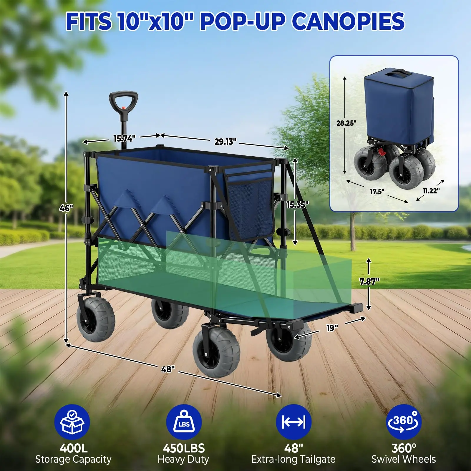 Double Decker Wagon 400L, 450LBS Foldable Wagon with Brakes, Wagon Cart with 9'' All-Terrain Wheels for Outdoor