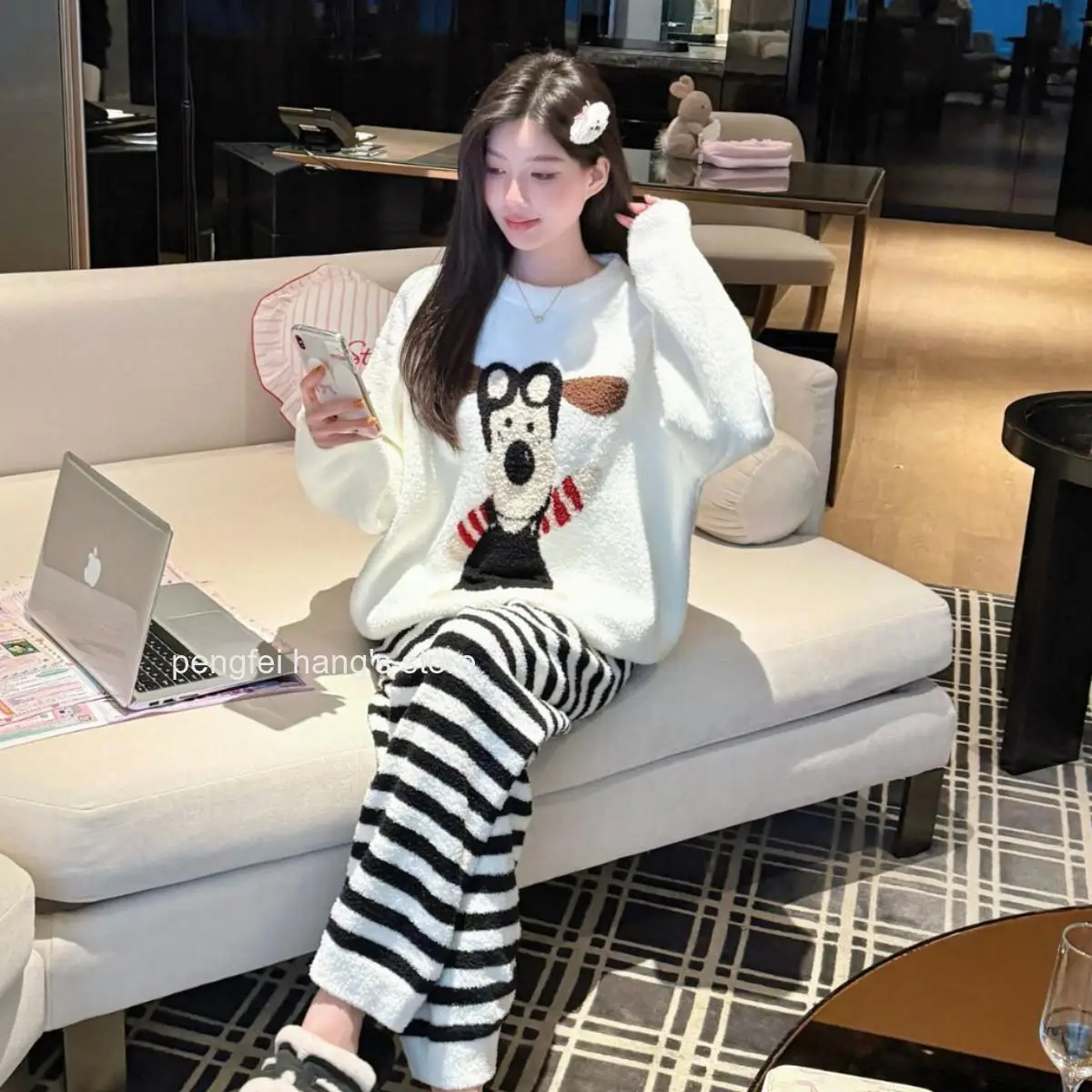 Women Korean Sweet Style Soft Half Sided Fleece Pajama Set Thick Warm Wearable Outside Casual Cozy Loungewear Sleepwear Suit