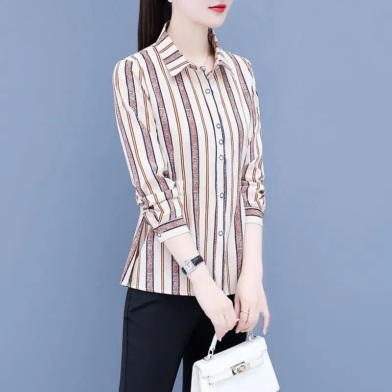 Striped All-match Fashion Women\'s Clothing 2023 Spring Long Sleeve Button Slim Tops Women New Elastic Waist Shirt