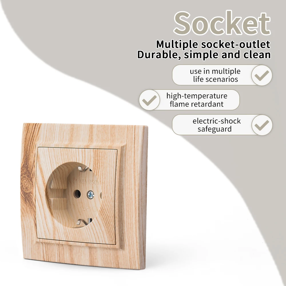 Wood EU Standard Classic Electrical Outlets Flame Retardant Power Sockets With Ground Wall Embedded 250V AC Paint Plastic Ground