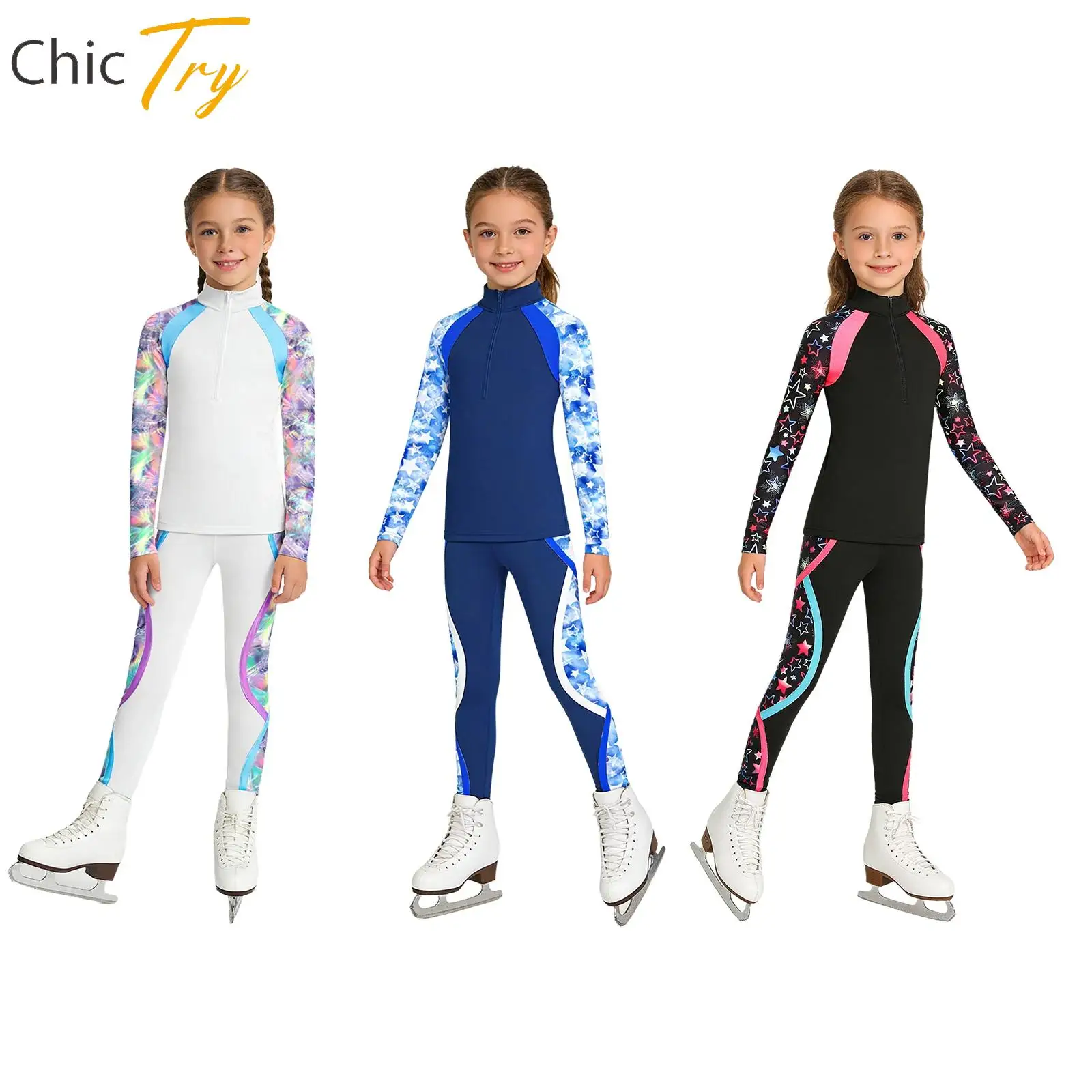 

Child Girls Gymnastics Dance Outfit Fleece-lined Long Sleeve Pullover Top And Pants for Ballet Figure Skating Stage Performance