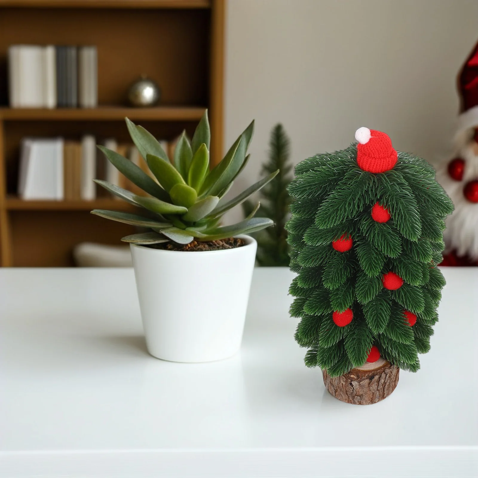 

Mini Christmas Tree Tabletop Decor Lightweight Artificial Stable Wooden Base Winter Holiday Festive Mini Tree Wood Table Decor