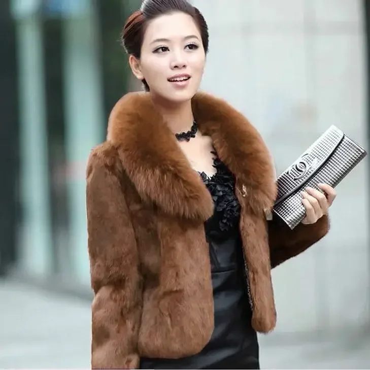 Faux Fur Coat Women Black 4XL  Short Jacket 2023 New Winter Fashion Mom Rabbit Fur Slim Green Fox Fur Collar  fluffy jacket