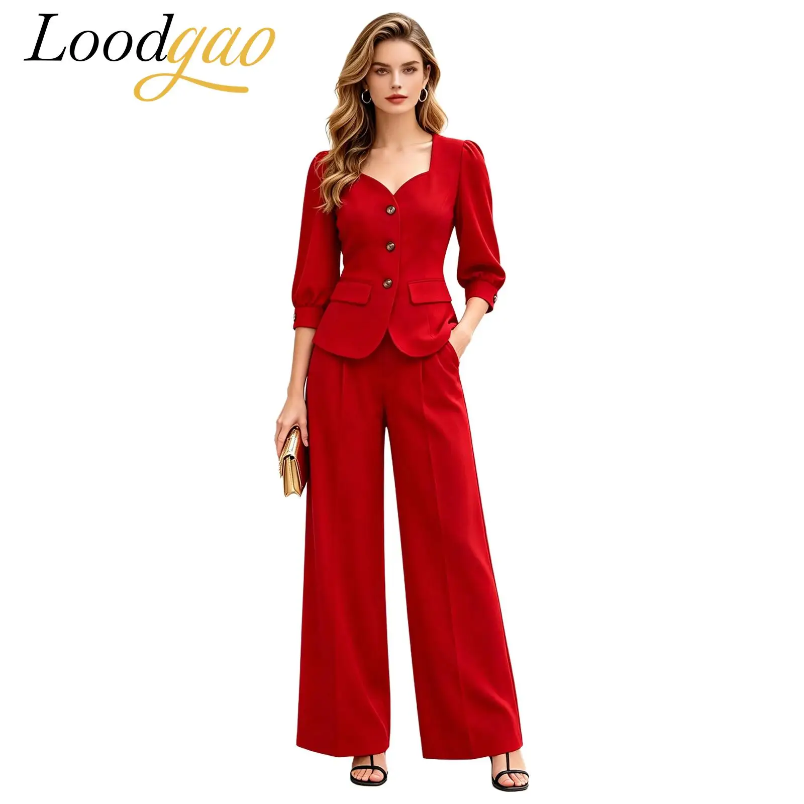 Women Business Suits OL Lady Work Outfit Fashion Clothes 3/4 Sleeves Button Blazer with Wide-leg Pants for Office Work Commute