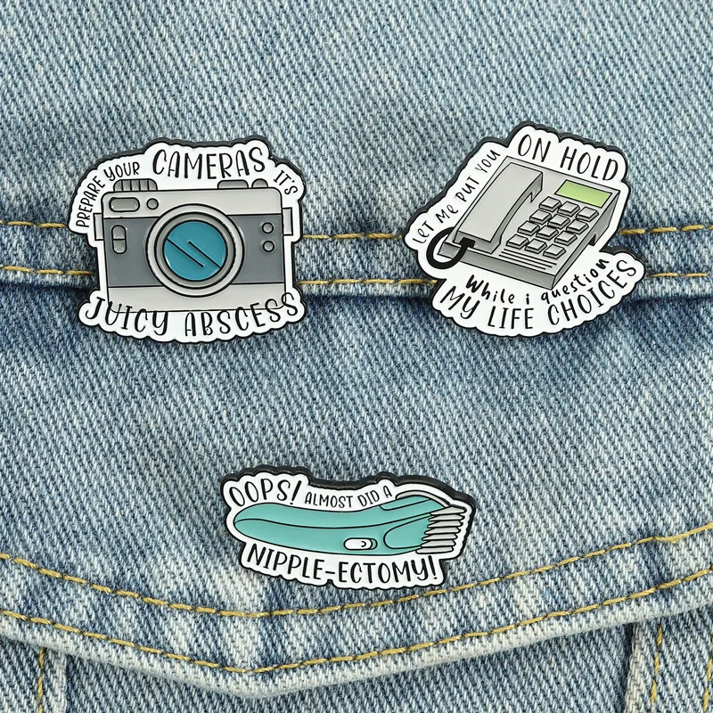 Cartoon telephone camera-shaped badges, funny lettering series alloy pins, accessories for clothing and bags, gifts for friends