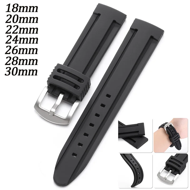 Soft Waterproof Silicone Watch Band Black Durable Rubber Strap 18/20/22/24/26/28/30mm Sport Wristband for Men Diving Bracelet