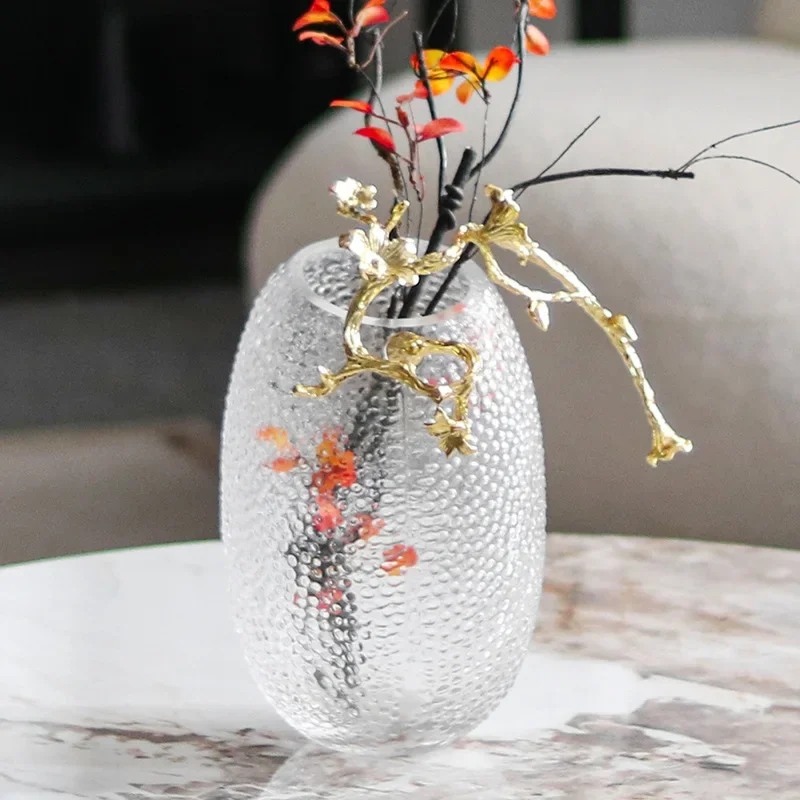 Chinese Pot-bellied Glass Flower Ornaments Hammer Glass Vase Art Metal Vine Vase Living Room Craft Aesthetic Ornaments Vases
