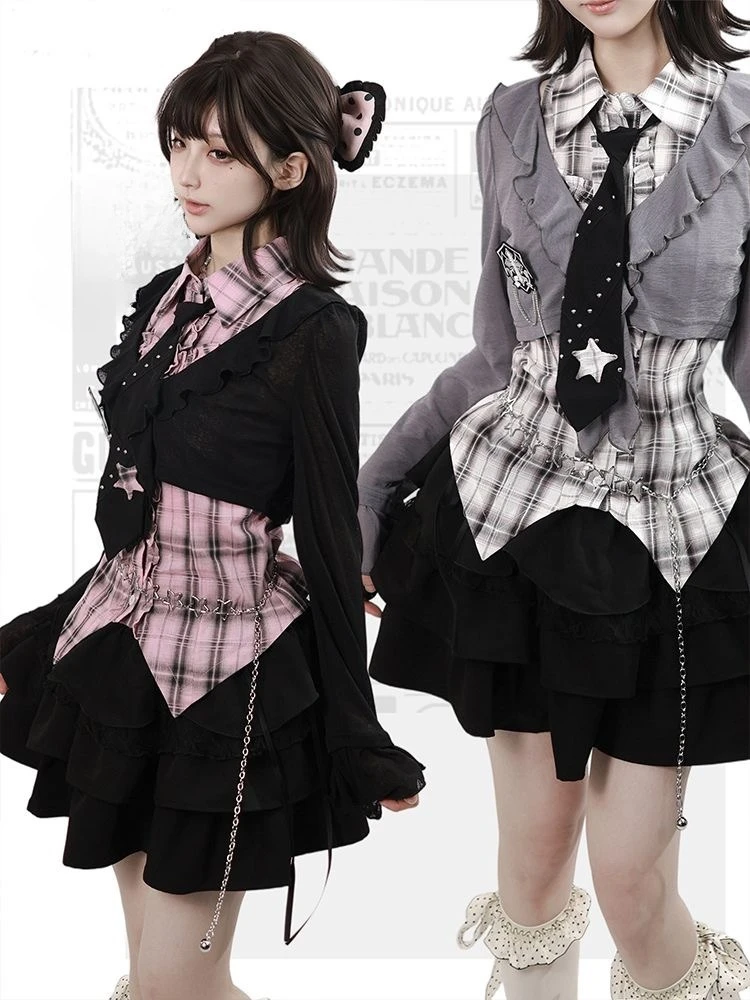Harajuku Fashion Slim Gothic American Vintage 2 Piece Set Women Retro Y2K Fitted Top Midi Skirt Black Streetwear Outfit Chic
